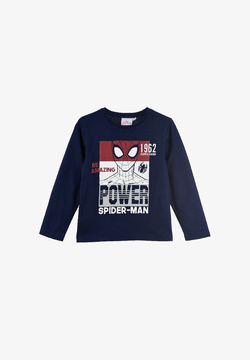 Marine blauwe longsleeve T-shirt van katoen, met een Spider-Man graphic en de tekst "WEES VERBAZEND POWER SPIDER-MAN" en het jaartal "1962."