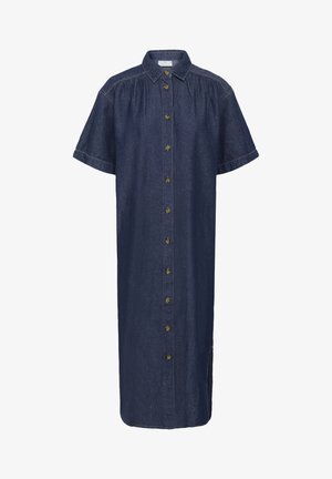 Denim obleka s kratkimi rokavi, z gumbi spredaj, ovratnikom in stranskim razporkom. Ima temno modro barvo in kontrastne šive.