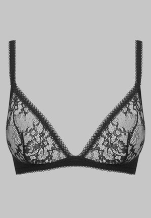 Schwarzer Spitzen-Bralette mit dreieckiger Form, mit gewellten Kanten, dünnen Trägern und floralem Spitzenmuster für Textur.