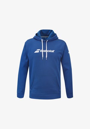 Blaue Hoodie aus Baumwolle, mit einem großen weißen Logo auf der Vorderseite, einer Fronttasche und einer Kapuze mit Kordelzug. Glatte Textur.