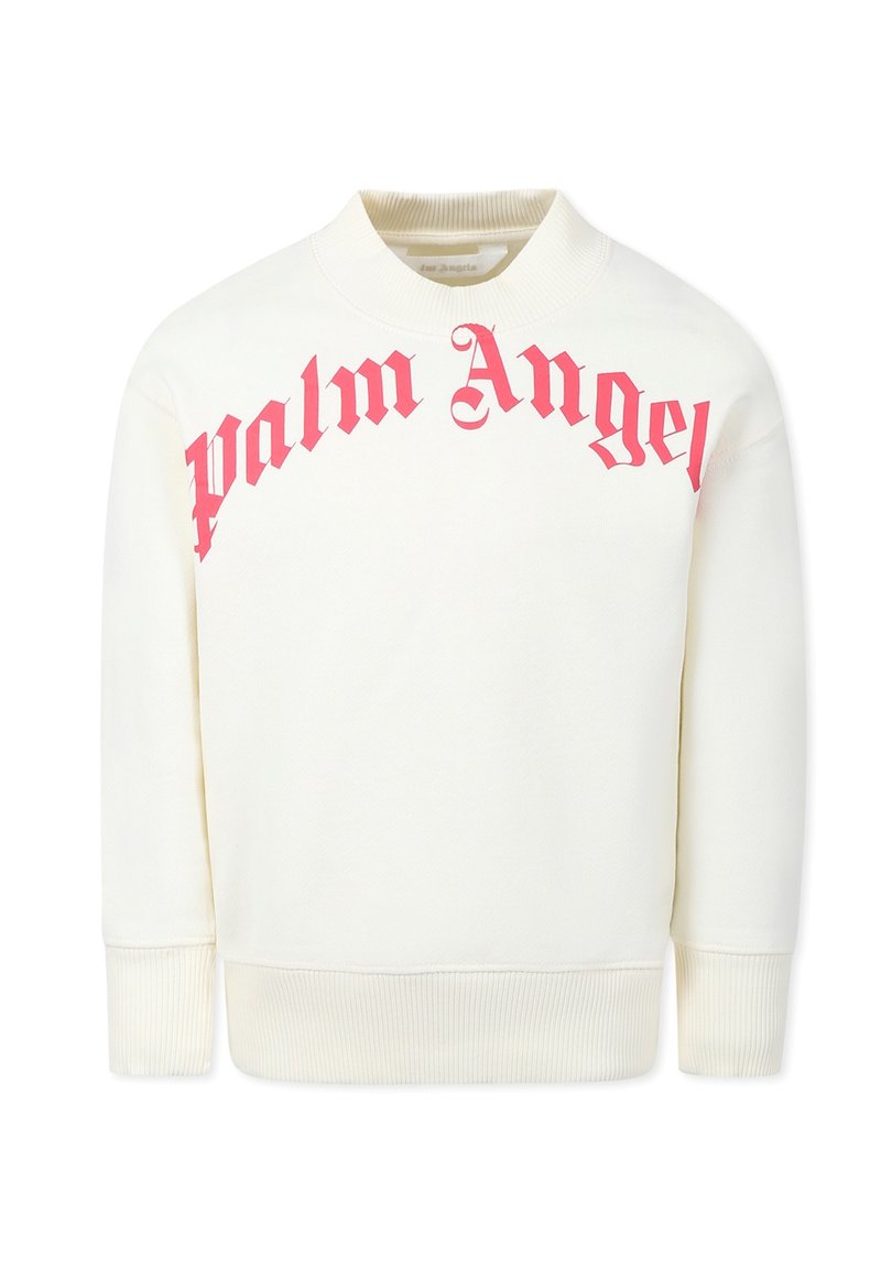 Felpa crema con collo e polsini a costine, caratterizzata da un audace testo "Palm Angel" in rosa sulla parte frontale. Realizzata in un tessuto morbido.