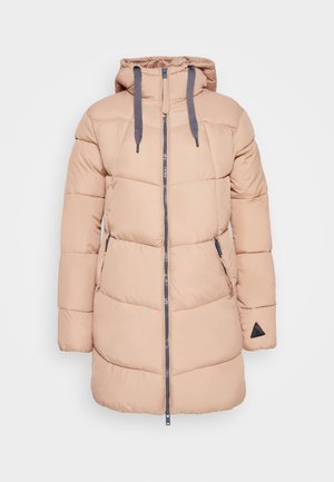 Polstret beige parka-jakke med hette, grå snorer, frontglidelås og sidelommer. Har et trekantet svart aksent på ermet.