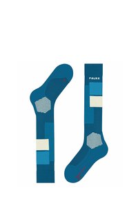Turkusowe skarpety z geometrycznymi wzorami, w tym heksagonami i paskami; miękka tekstura; z logo "FALKE" w białych i czerwonych akcentach.