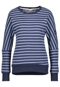 Navy blue and light blue striped sweatshirt with a crew neckline, ribbed cuffs, and hem, featuring a logo on the left sleeve.