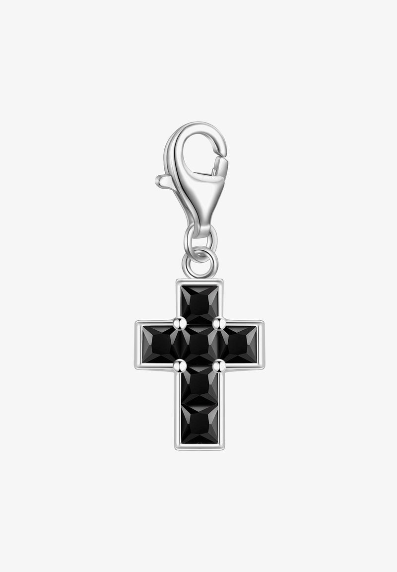 Silver cross charm featuring black faceted crystals. It has a lobster clasp for attachment, highlighting its geometric design.