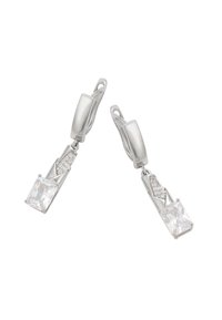 Orecchini a goccia in argento con zirconia cubica rettangolare e accenti decorativi incastonati a pavé, caratterizzati da una finitura liscia e lucida.