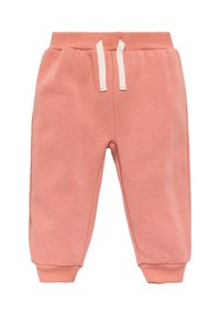 Pantalones de chándal rosa de algodón con una cintura acanalada, cordones blancos y puños en los tobillos; textura suave con detalles en los paneles laterales.