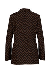 Brown patterned blazer with a chevron design, smooth texture, long sleeves, and a classic collar; back view displayed.