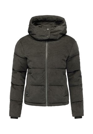 Giacca imbottita di colore grigio scuro, con un colletto alto, chiusura frontale con zip e un motivo testurizzato. Include due tasche laterali e una vestibilità aderente.