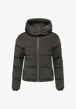 Giacca imbottita di colore grigio scuro, con un colletto alto, chiusura frontale con zip e un motivo testurizzato. Include due tasche laterali e una vestibilità aderente.