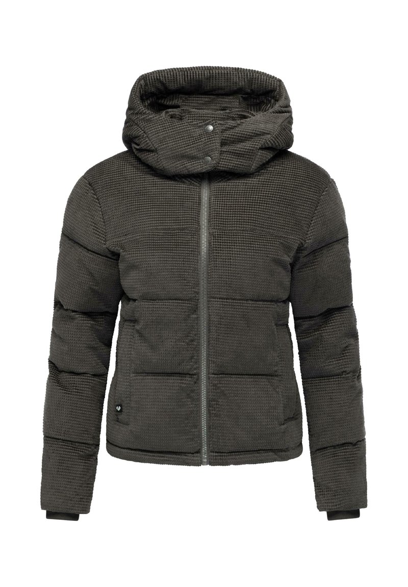 Giacca imbottita di colore grigio scuro, con un colletto alto, chiusura frontale con zip e un motivo testurizzato. Include due tasche laterali e una vestibilità aderente.