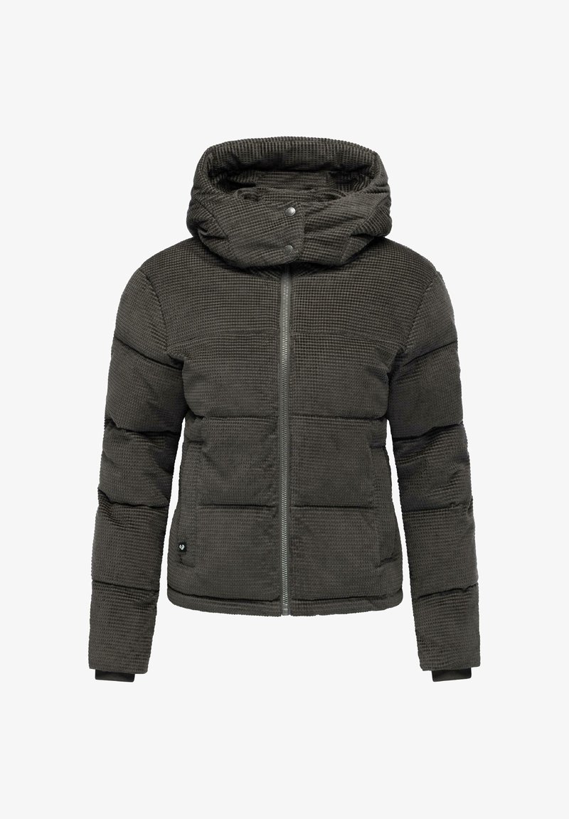 Padded jacket in dark gray, featuring a high collar, front zipper, and textured pattern. Includes two side pockets and a snug fit.
