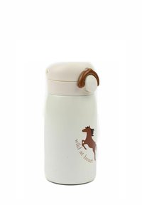 Bela steklena steklenica iz nerjavečega jekla z bež pokrovom in rjavim konjskim motivom, opremljena z rjavim vzvodom za odpiranje in ukrivljenim dizajnom.