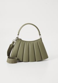 Green pleated handbag made of smooth material with a curved handle, detachable strap, and silver hardware accents.