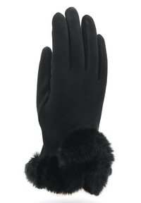 Guanti neri con un esterno liscio e polsino in pelliccia nera morbida; design aderente con cinque punte delle dita e dettagli di cucitura discreti.