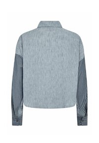 Short-sleeve button-up shirt featuring a textured blue fabric and striped blue-grey sleeves. Collared neckline with button details.