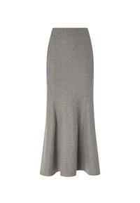 Falda acampanada gris hecha de tela texturizada, con cintura alta y silueta en línea A, con detalles de costuras que realzan la forma.