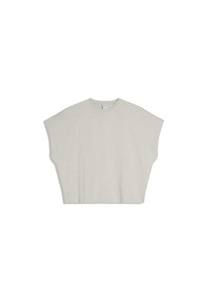 Loose-fit short-sleeve crew neck beige top with wide arm openings and a straight hem laid flat on a white background.