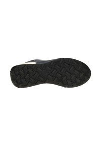 Black rubber shoe sole with textured grip pattern, featuring a smooth upper section in navy with a contrasting white accent.