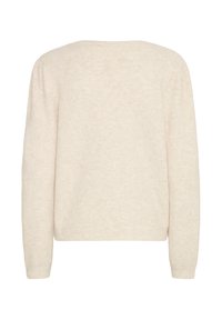 Maglione lavorato a maglia in un beige chiaro, con maniche lunghe, scollatura rotonda e vestibilità rilassata. Il tessuto ha un aspetto morbido e strutturato, privo di motivi.