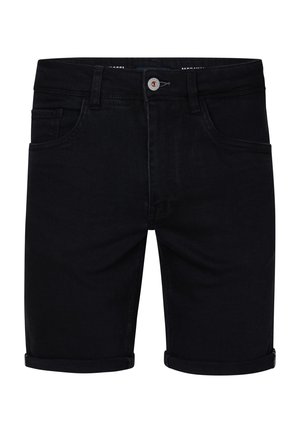 Shorts in denim nero con orlo arrotolato, dotati di cinque tasche e chiusura con bottone. Texture liscia e design a vestibilità standard.