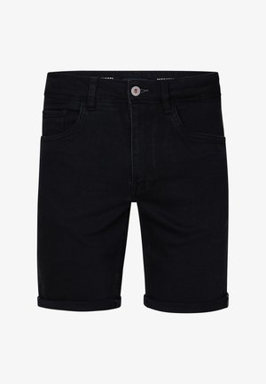 Shorts in denim nero con orlo arrotolato, dotati di cinque tasche e chiusura con bottone. Texture liscia e design a vestibilità standard.