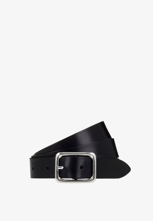 Black leather belt with a rectangular silver metal buckle, coiled against a white background.