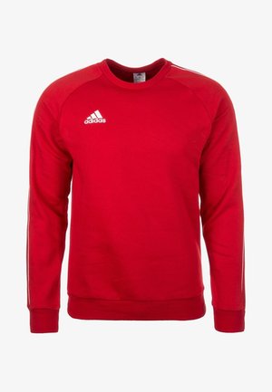 Sweat-shirt rouge Adidas à manches longues avec logo blanc sur la poitrine et fines rayures blanches courant le long des manches, style col rond.
