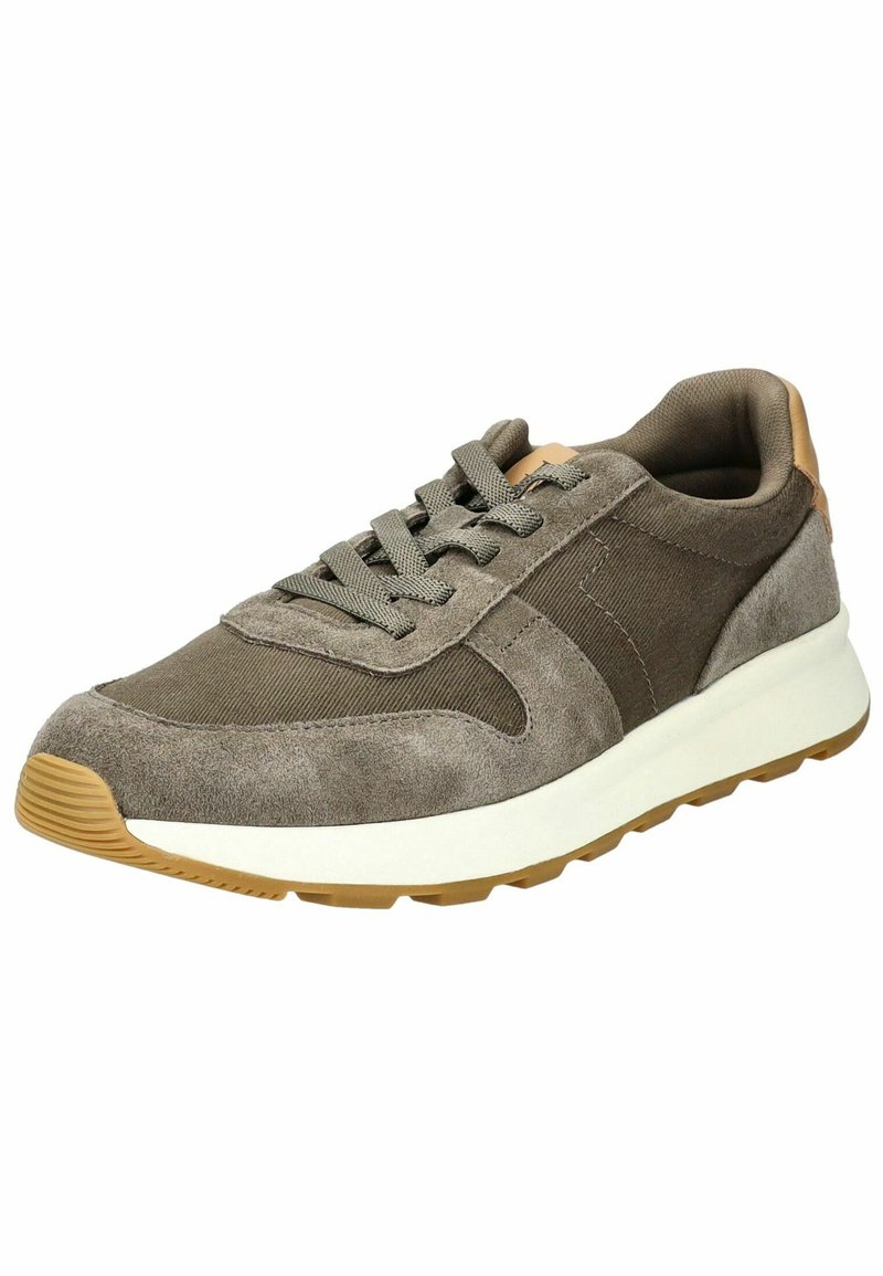 Hnědé semišové a plátěné tenisky s bílou mezipodešví a gumovou podrážkou. Mají šněrování a hnědý akcent na patě.