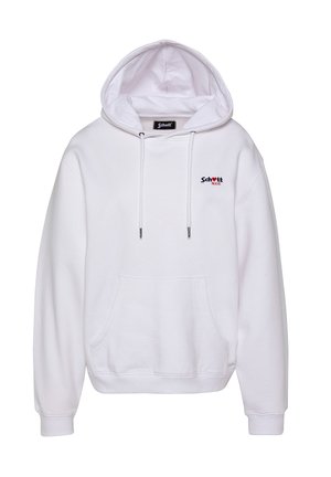 Sweat-shirt blanc à capuche avec poche ventrale et logo "Schott N.Y.C" en noir et rouge sur le côté gauche de la poitrine.