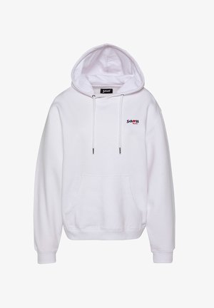 Sweat-shirt blanc à capuche avec poche ventrale et logo "Schott N.Y.C" en noir et rouge sur le côté gauche de la poitrine.