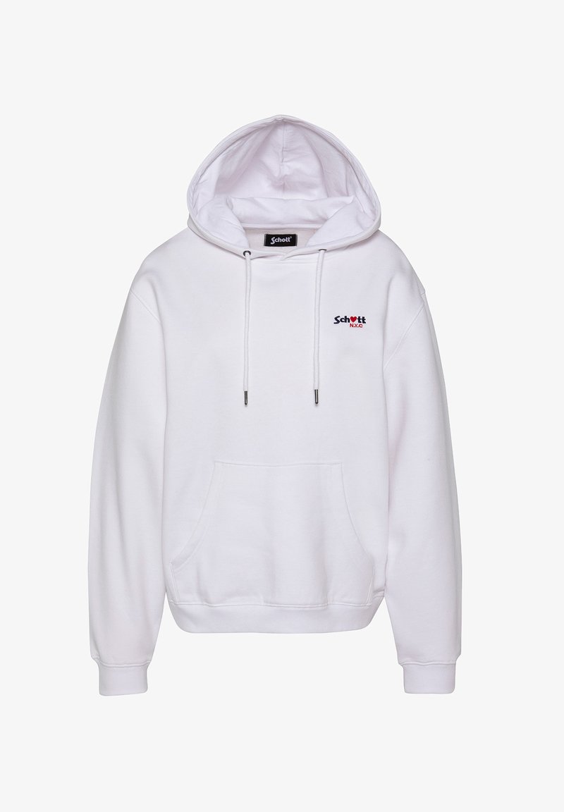 Sweat-shirt blanc à capuche avec poche ventrale et logo "Schott N.Y.C" en noir et rouge sur le côté gauche de la poitrine.