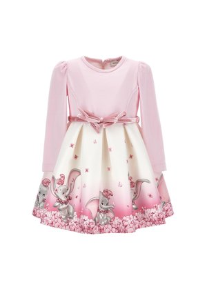 Pink langærmet kjole med velour sløjfebælte, hvid nederdel med pink sommerfugle og legesyge tegneserieelefanter med hatte og kraver.