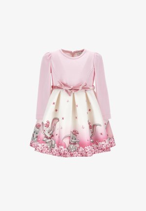 Pink langærmet kjole med velour sløjfebælte, hvid nederdel med pink sommerfugle og legesyge tegneserieelefanter med hatte og kraver.