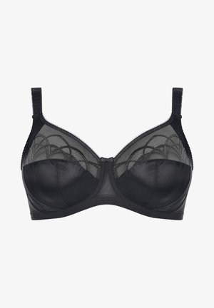 Sort bh med undertråd, der har en glat satin nederste del, gennemsigtig mesh øverste del med geometrisk mønster og justerbare stropper.