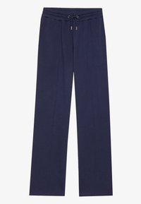 Calças de fato de treino azul marinho com cintura elástica, cordão e bolsos laterais. Textura suave e design de perna reta.