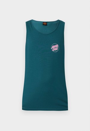 Turkio spalvos rankovių neturintis marškinėlių viršus su apvalia iškirpte ir mažyliu rožinės ir baltos spalvų „Santa Cruz“ logotipu kairėje krūtinės pusėje.