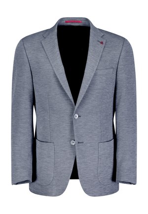 Lichtgrijze blazer van textuurstof, met twee frontzakken, een sluiting met twee knopen en een contrasterende binnenvoering.