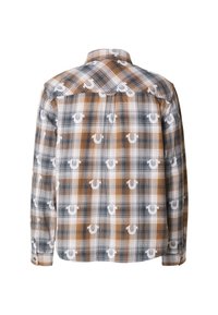 Camicia in flanella a quadri con tonalità di arancione, grigio e bianco. Sul retro è presente un motivo ripetuto con il logo, colletto classico e polsini con bottoni.