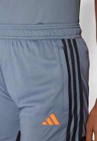 Gray athletic shorts made of smooth fabric with black side stripes and an orange embroidered logo on the hem. Features an elastic waistband.