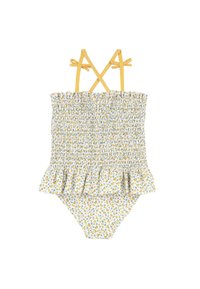 Maillot de bain une pièce floral avec un corps smocké, un ourlet ondulé, des bretelles jaunes et un fond blanc avec des motifs bleus et jaunes.