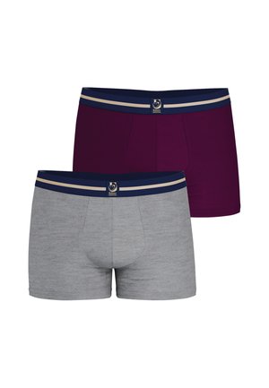 Deux boxers pour hommes, un gris et un violet foncé, tous deux avec une ceinture élastique rayée bleu marine et beige et une petite étiquette logo.