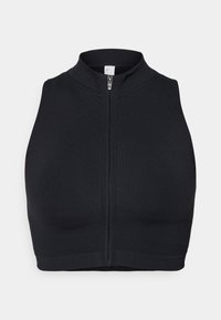 Top sportivo nero corto con colletto alto e zip frontale. Realizzato in tessuto elasticizzato con una consistenza liscia e cuciture minime.