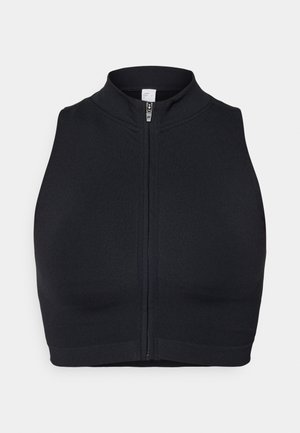 Black sports crop top with a high collar and front zipper. Made from stretchy fabric with a smooth texture and minimal seams.
