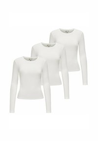 Drei weiße Langarmshirts aus weichem Stoff mit Rundhalsausschnitt und nahtlosem Design, die eine taillierte Passform aufweisen.