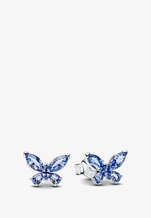 Orecchini a punta in argento a forma di farfalla, con gemme blu a forma di marquise e pera che costituiscono le ali.