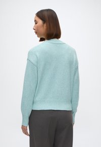 Πρά�σινη μάλλινη μπλούζα σε χαλαρή γραμμή, με  ribbed τελείωμα και ελαφρώς κατεβασμένους ώμους. Η πίσω όψη δείχνει έναν απλό, χωρίς ραφές σχεδιασμό.