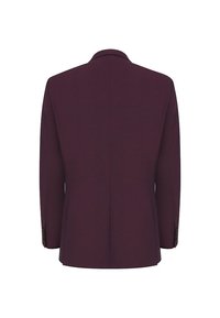 Bordowa marynarka o dopasowanym kroju, gładkiej fakturze, ostrych klapach i mankietach zapinanych na guziki, z delikatnym wzorem tkanym. Widok od tyłu.
