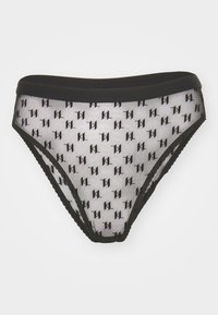 Zwarte bikinionderbroek met kantafwerking, gemaakt van doorschijnende witte stof met een herhaald patroon van het "KL"-logo. Elastische tailleband.
