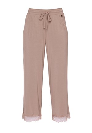 Pantalon ample taupe pour le salon avec bordure en dentelle à l'ourlet et taille à cordon de serrage.